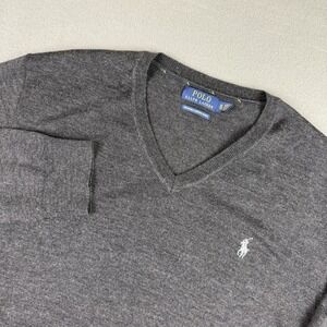 Polo‎ Ralph Lauren Sweater Mens XL Extra Large Gray V-Neck Washable Merino Wool